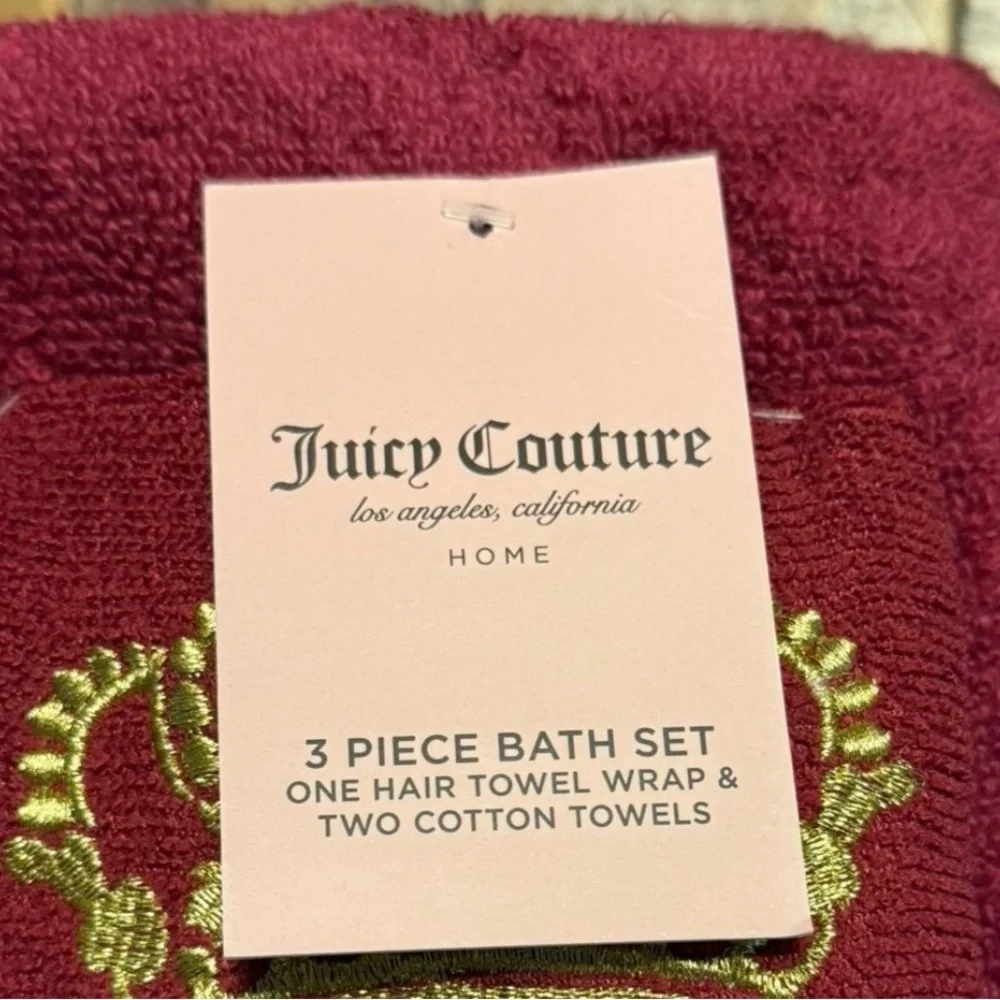 Juicy Couture Wine Red 3-Piece Bath Towel Set with Crown Embroidery NWT